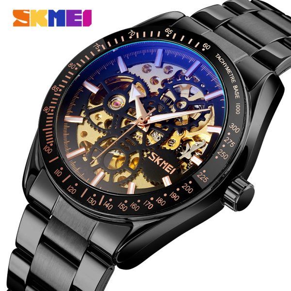 SKMEI  9194 Automatic Stainless Steel Luminous Hollow Mechanical Wristwatch For Men - Black