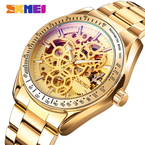 SKMEI  9194 Automatic Stainless Steel Luminous Hollow Mechanical Wristwatch For Men - Golden