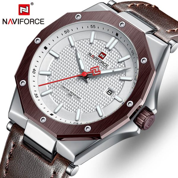 NaviForce NF9200 Men's Quartz Polygon Vogue Leather Strap Date Function Watch - Coffee