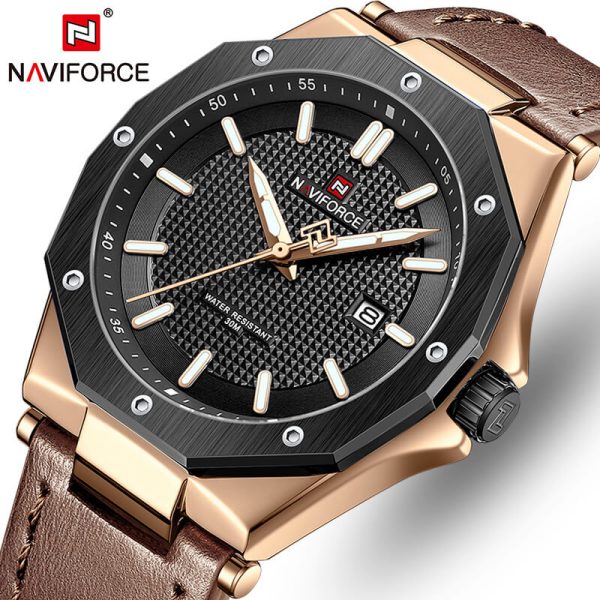 NaviForce NF9200 Men's Quartz Polygon Vogue Leather Strap Date Function Watch - Brown