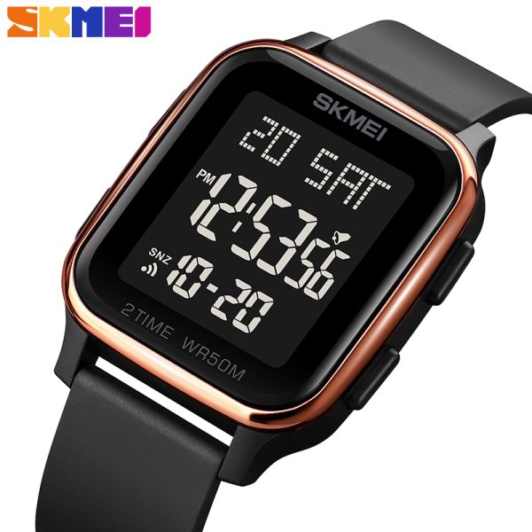 SKMEI 1858 Fashion LED Light Digital Rectangle Shape Complete Calendar Wristwatch For Men - RoseGold