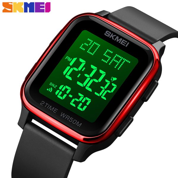 SKMEI 1858 Fashion LED Light Digital Rectangle Shape Complete Calendar Wristwatch For Men - Red