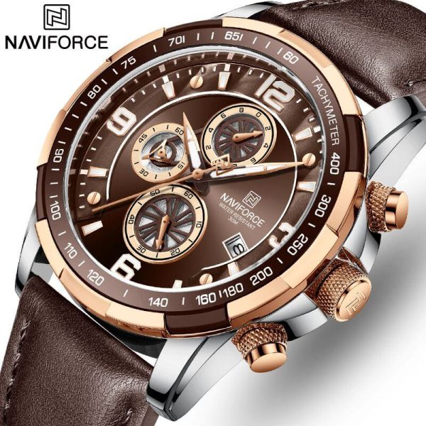 NaviForce NF8020 Fashion Multifunction Chronograph Date Display Leather Strap Wristwatch For Men - Brown