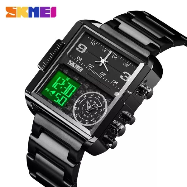 SKMEI 1584 Men's Multifunction Square Dial Digital Analog LED Chronograph Stainless Steel Wristwatch - Black