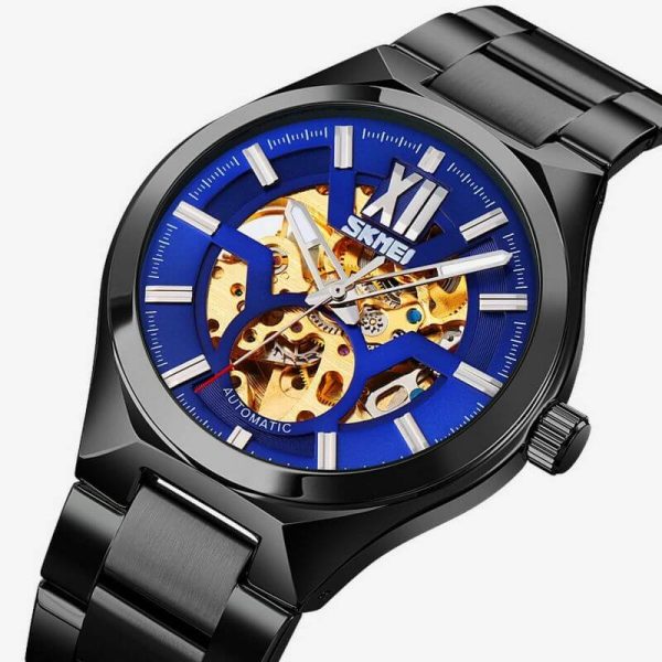 Skmei 9258 Fashion Mechanical Hollow Dial Luxury Stainless Steel Automatic Luminous Watch -Black/Blue