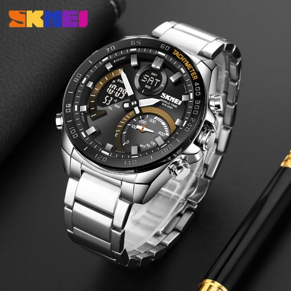 SKMEI 1889 Multifunctional Dual Display Countdown Chronograph LED Light Stainless Steel Watch For Men - Silver/Black - Image 2