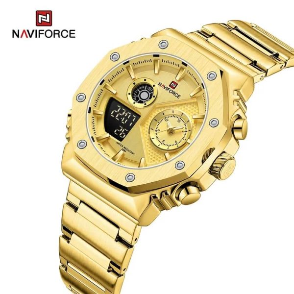 NAVIFORCE NF9216 Fashion Geometric Bezel LCD Digital Analog Stainless Steel Watch For Men - Golden