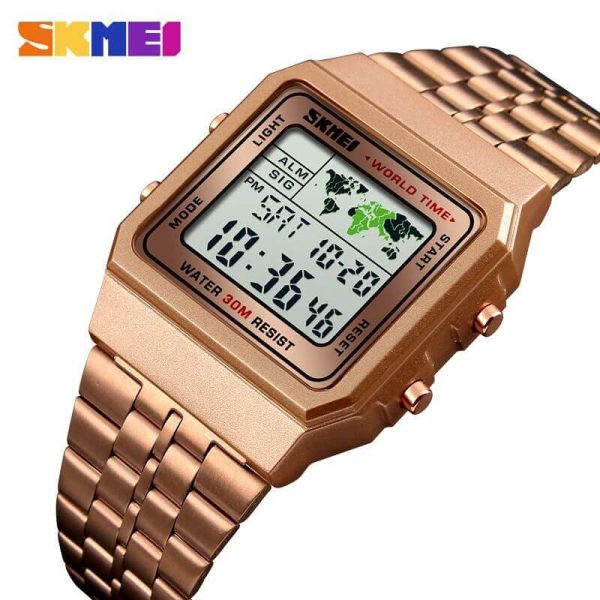 SKMEI 1338 Men's Stainless Steel Countdown Time Zone Waterproof LED Electronic Digital Watch - RoseGold