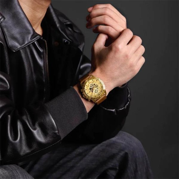 NaviForce NF8055 Men's Multifunction Chronograph Date Display Leather Strap Watch - Golden - Image 2