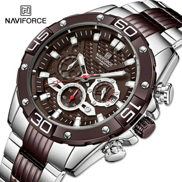 NAVIFORCE NF8019 Men's Stainless Steel Multifunction Luminous Chronograph Quartz Watch  - Coffee/Silver