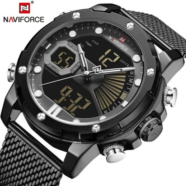 NaviForce NF9172 MultiFunction Stainless Steel Digital/Analog Luxury Watch for Men - Black