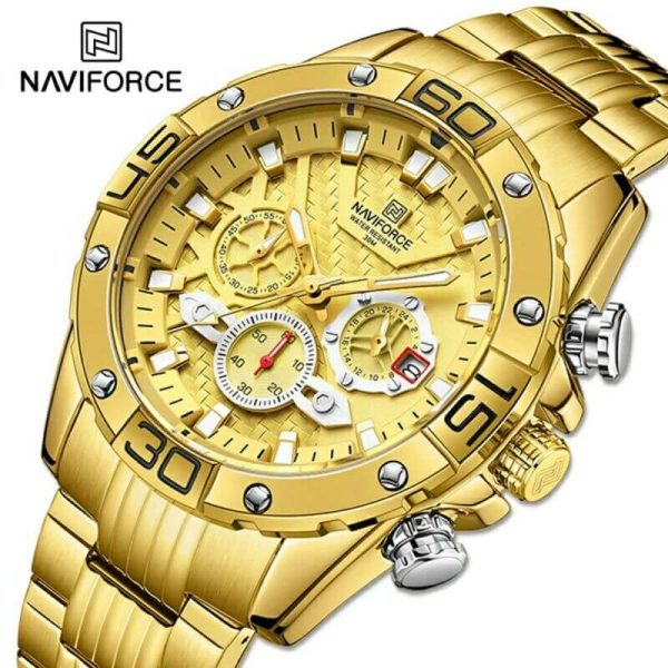 NAVIFORCE NF8019 Men's Stainless Steel Multifunction Luminous Chronograph Quartz Watch  - Golden