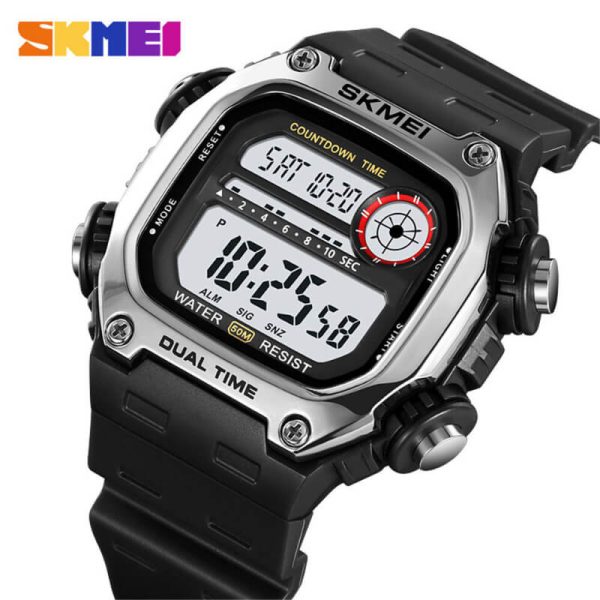 SKMEI 2126 Men's Sports Silicone Strap Alarm Hourly Chime Chronograph Countdown Watch - Silver/Black