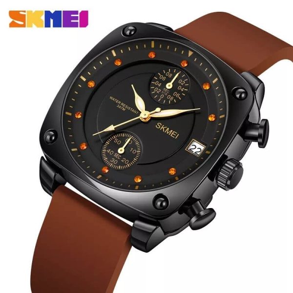 SKMEI 1903 Retro Personality Fashion Rhinestone Chronograph Leather Strap Watch For Men - Brown