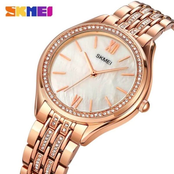 SKMEI 1970 Women's Elegant Fashion Innovative Crystal Diamond Surrounded Stainless Steel Quartz Watch - Rosegold