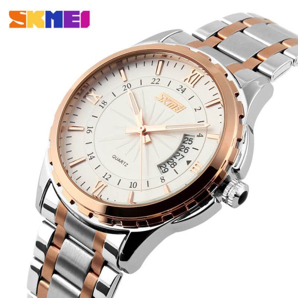 SKMEI 9069 Business Quartz Stainless Steel Roman Numeral Index Date Display Watch For Men - Silver/RoseGold