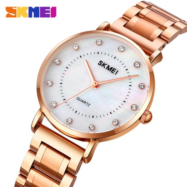 SKMEI 1840 Simple Elegant Rhinestone Round Dial Quartz Stainless Steel Watch For Women-RoseGold