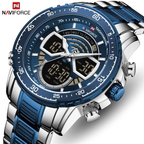 NAVIFORCE NF9189 Stainless Steel Dual Movement Digital Analog Dark Night Display Quartz Watch For Men - Silver/Blue