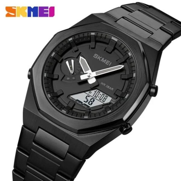 SKMEI 1816 Men's Electronic Dual Display Stainless Steel Multifunction Luminous Watch - Black