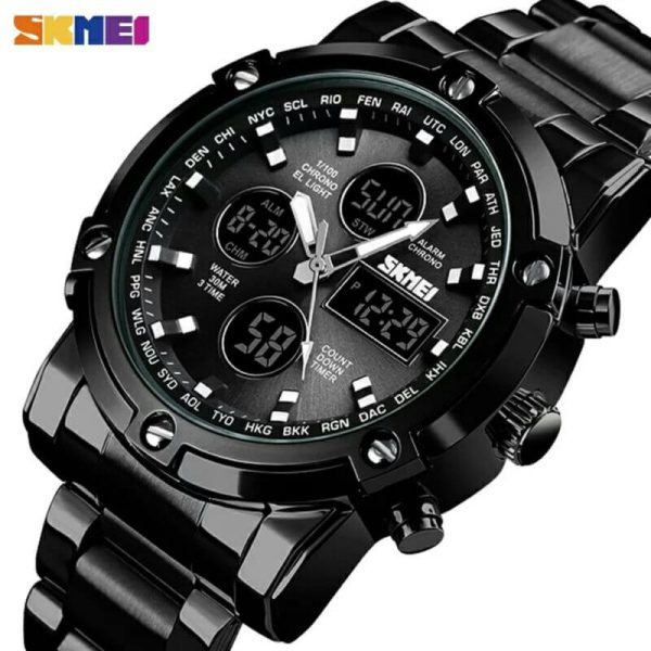 SKMEI 1389 MultiFunctional Business Analog/Digital Large Dial Stainless Steel Watch - Black