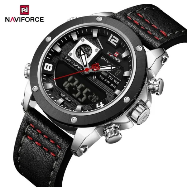 NaviForce NF9236 Classic Fashion Double Time Multifunctional Leather Strap Watch For Men - Black/Silver