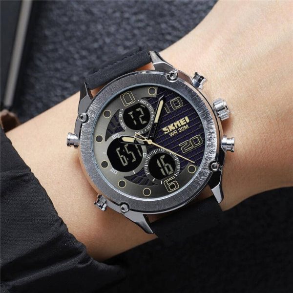 SKMEI 1975 Fashion 3 Time Dual Movement Multifunction LED Light Sport Leather Strap Watch -  Black - Image 3