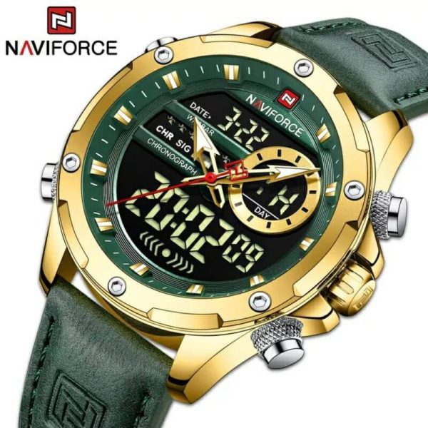 NaviForce NF9208 Men's Dual Display LCD Leather Strap Complete Calendar Wristwatch - Golden/Green