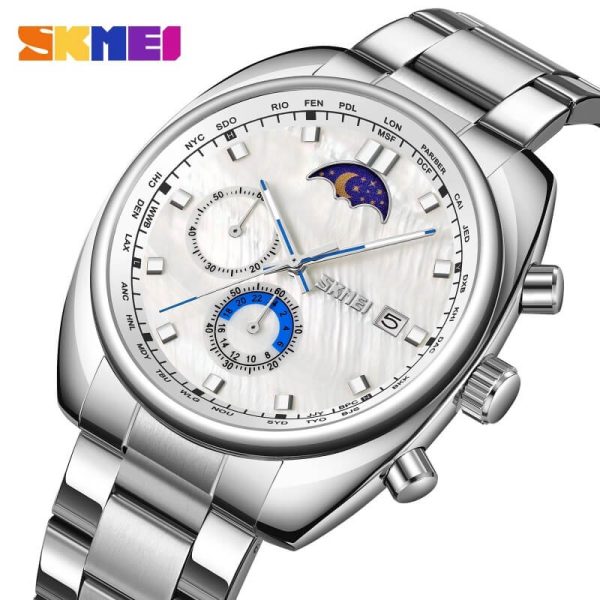 SKMEI 9325 Men's Business Moon Phase Chronograph Luminous Pointer Date Display Stainless Steel Watch - Silver