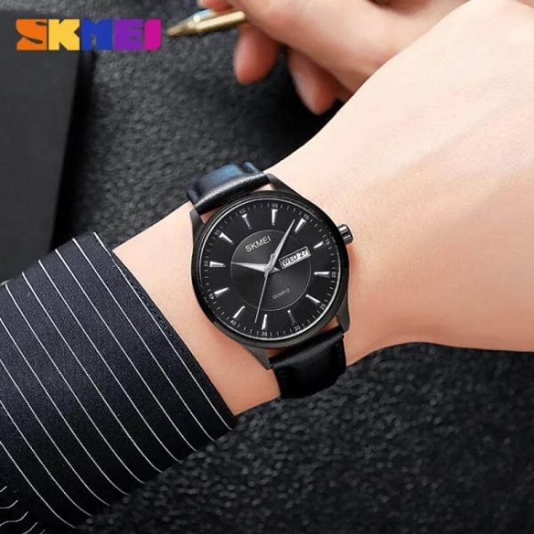 SKMEI 2075 Simple Elegant Quartz Date Day Display Leather Strap Watch For Men - Black - Image 2