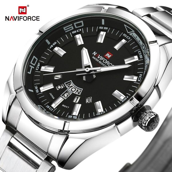 NaviForce NF9038 Date/Day Function Stainless Steel Watch – Black/Silver