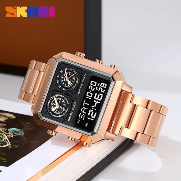 SKMEI 2204 Simple Fashion Square Dial Lumnious Date Day Display Stainless Steel Watch For Men - Black/Rosegold - Image 2