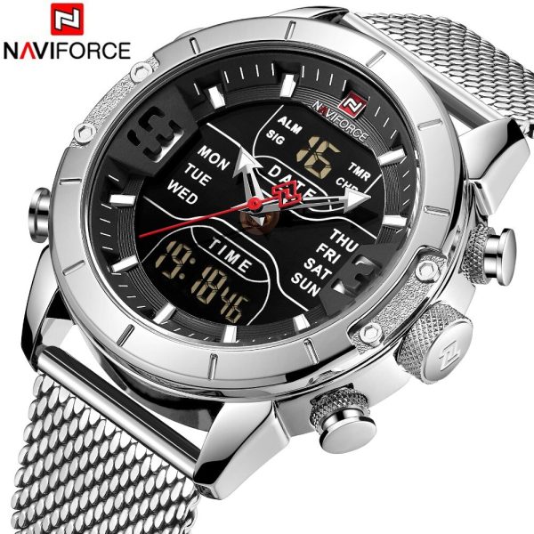 NAVIFORCE NF9153 Multi-Function Stainless Steel Mesh Digital/Analog Watch For Men – Silver