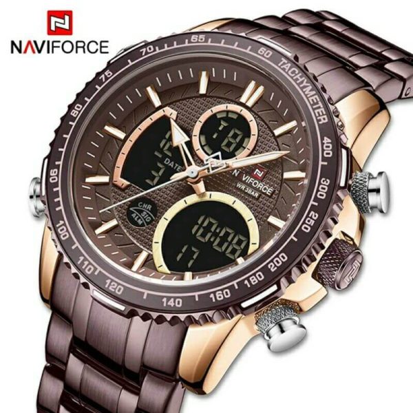 NAVIFORCE NF9182 Multi-Function Digital/Analog Casual Steel Watch For Men - Coffee