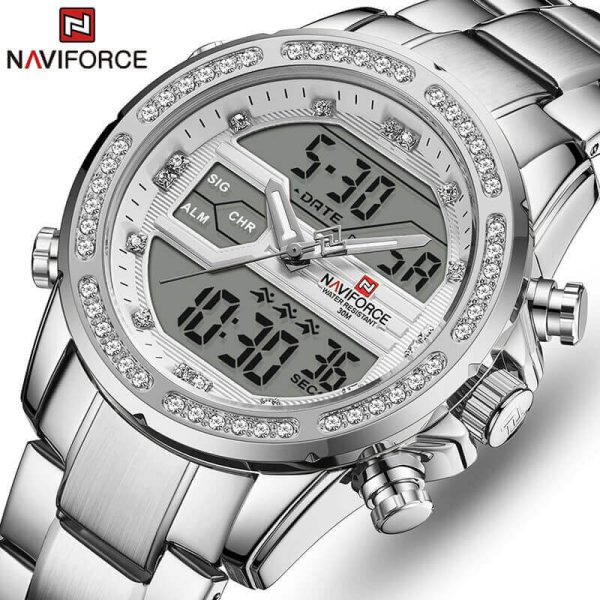 NAVIFORCE  NF9190 Dual Time MultiFunction Luxury Stainless Steel Watch For Men - Silver