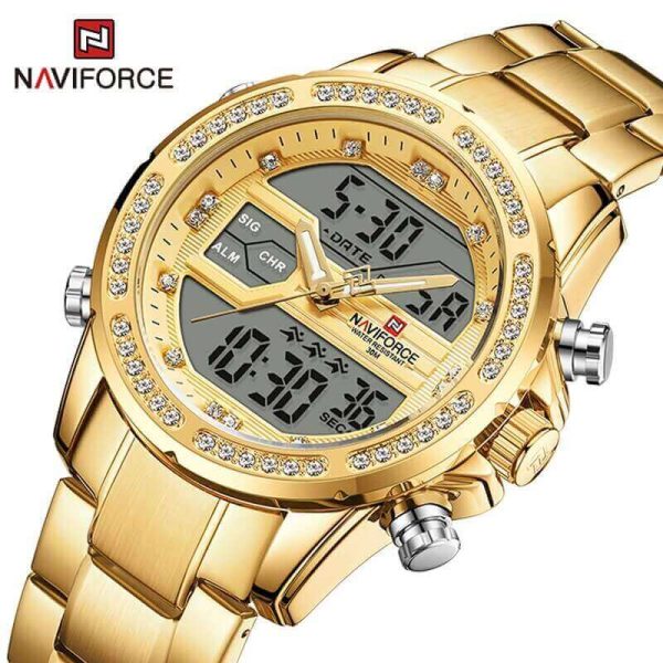 NAVIFORCE  NF9190 Dual Time MultiFunction Luxury Stainless Steel Watch For Men - Golden