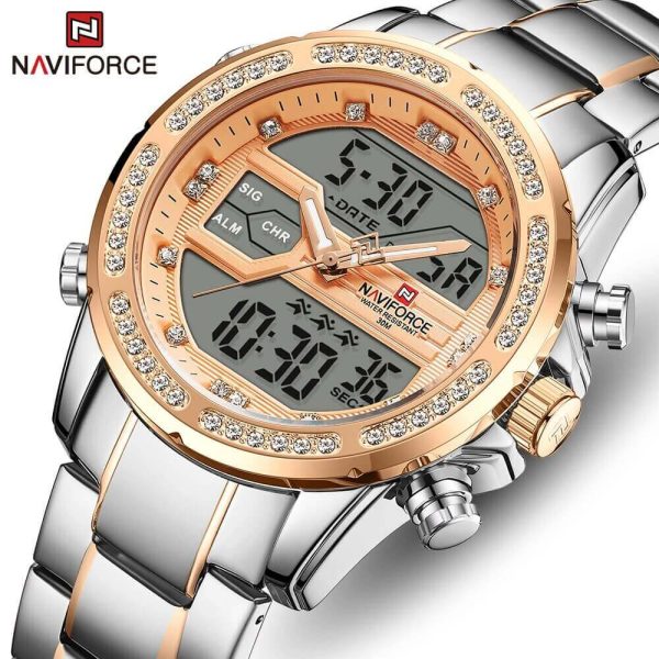 NAVIFORCE  NF9190 Dual Time MultiFunction Luxury Stainless Steel Watch For Men - Rosegold/Silver