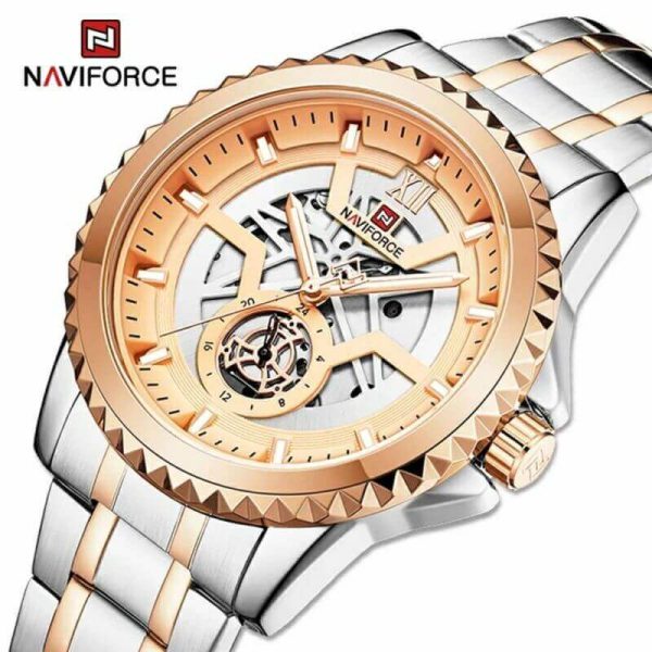 NAVIFORCE NF9186 Multifunction Stainless Steel Analog Wrist Watch For Men - Rosegold/Silver