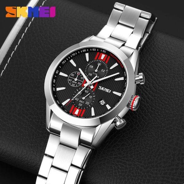 SKMEI 9302 Business Chronograph Date Display Stainless Steel Watch For Men - Red/Silver - Image 2