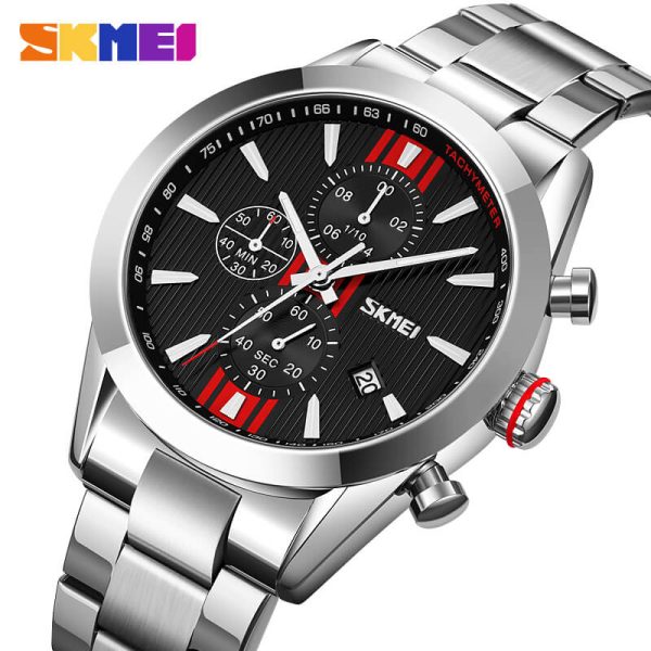 SKMEI 9302 Business Chronograph Date Display Stainless Steel Watch For Men - Red/Silver