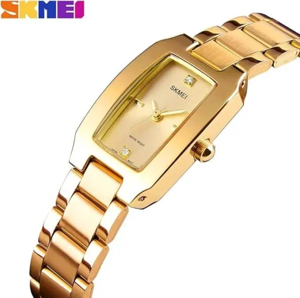 SKMEI 1400 Women's Luxury Simple Rhinestone Rectangle Dial Quartz Movement Stainless Steel Watch - Golden