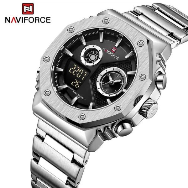 NAVIFORCE NF9216 Fashion Geometric Bezel LCD Digital Analog Stainless Steel Watch For Men - Black/Silver