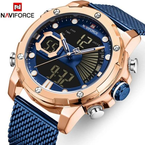 NaviForce NF9172 MultiFunction Stainless Steel Digital/Analog Luxury Watch for Men - Blue