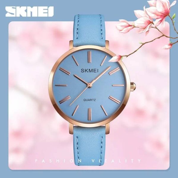 SKMEI 1397 Women Simple Classic Numeric Design Thin Round Dial Shape Leather Strap Quartz Watch - Blue - Image 2