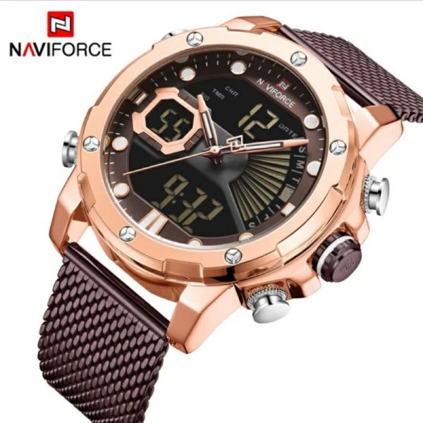 NaviForce NF9172 MultiFunction Stainless Steel Digital/Analog Luxury Watch for Men - Coffee