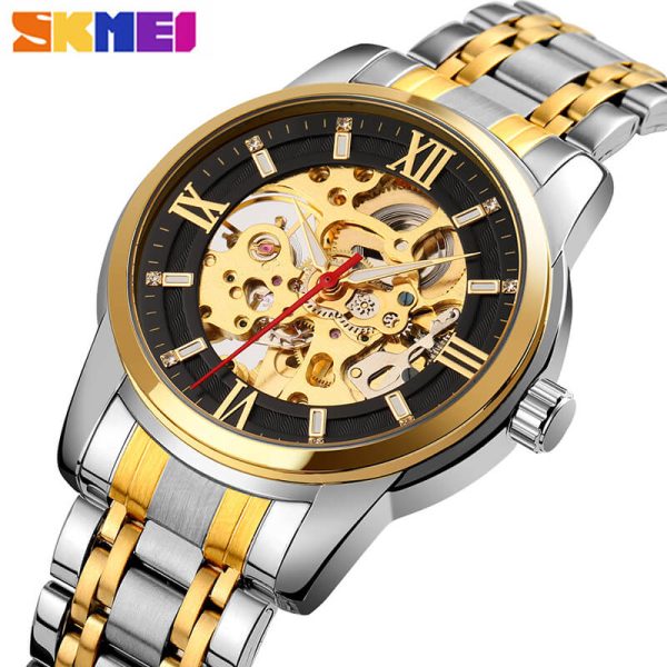 SKMEI 9222 Men's Business Skeleton Hollow Mechanical Automatic Stainless Steel Wristwatch - Golden/Black