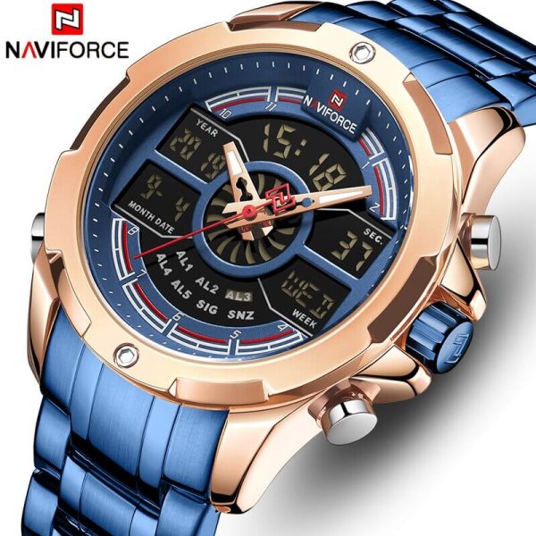 NaviForce NF9170 Dual Movement Digital Analogue Quartz Watch For Men - RoseGold/Blue