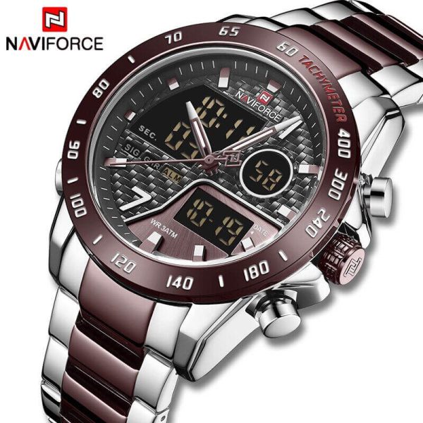 NaviForce NF9171 Dual Movement Digital Analog Function Quartz Watch - Coffee/Silver