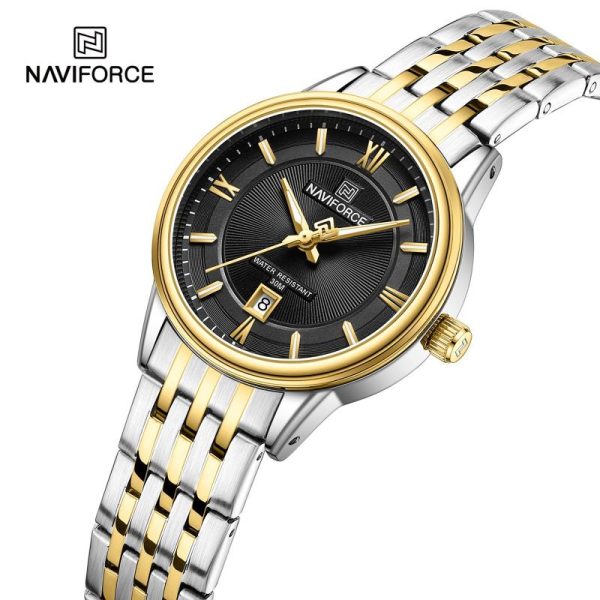 NaviForce NF8040 Classic Luxury Quartz Date Display Stainless Steel Watch For Women - Black/Golden