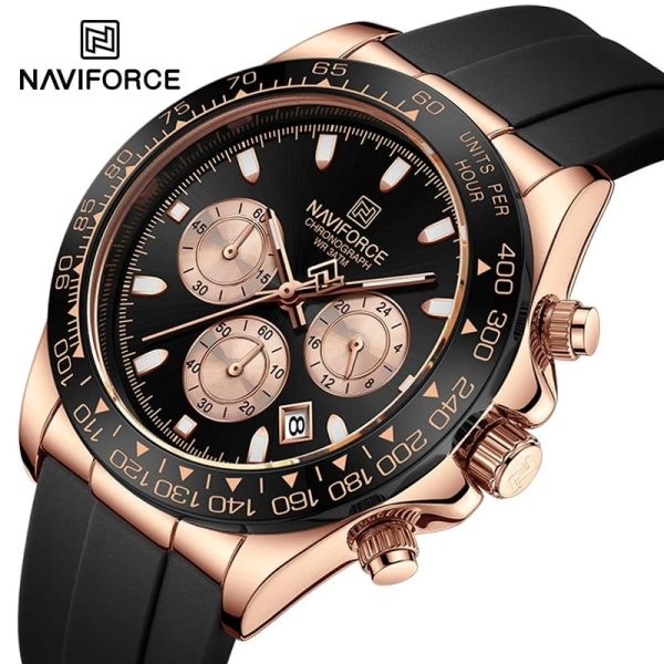 NaviForce NF8054 Luxury Fashion Chronograph Date Display Silicon Strap Watch For Men - Rosegold/Black