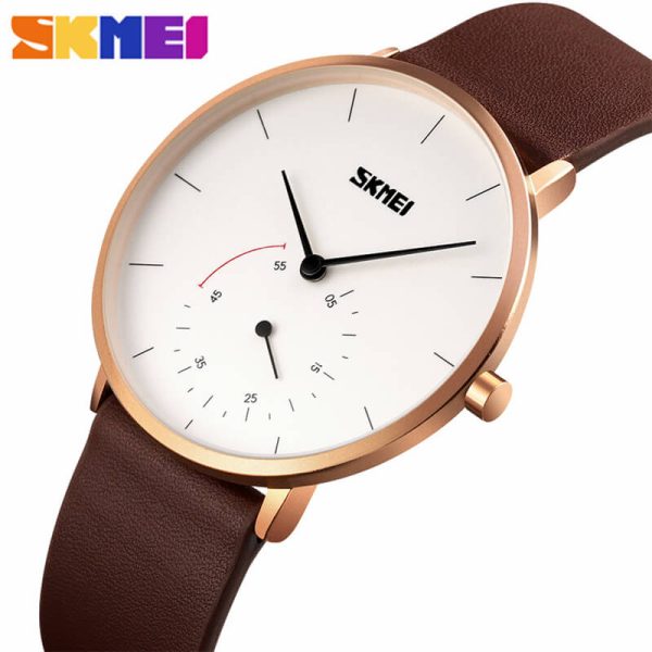 SKMEI 9213 Minimalist Quartz Classic Leather Casual Watch For Men - White/Brown